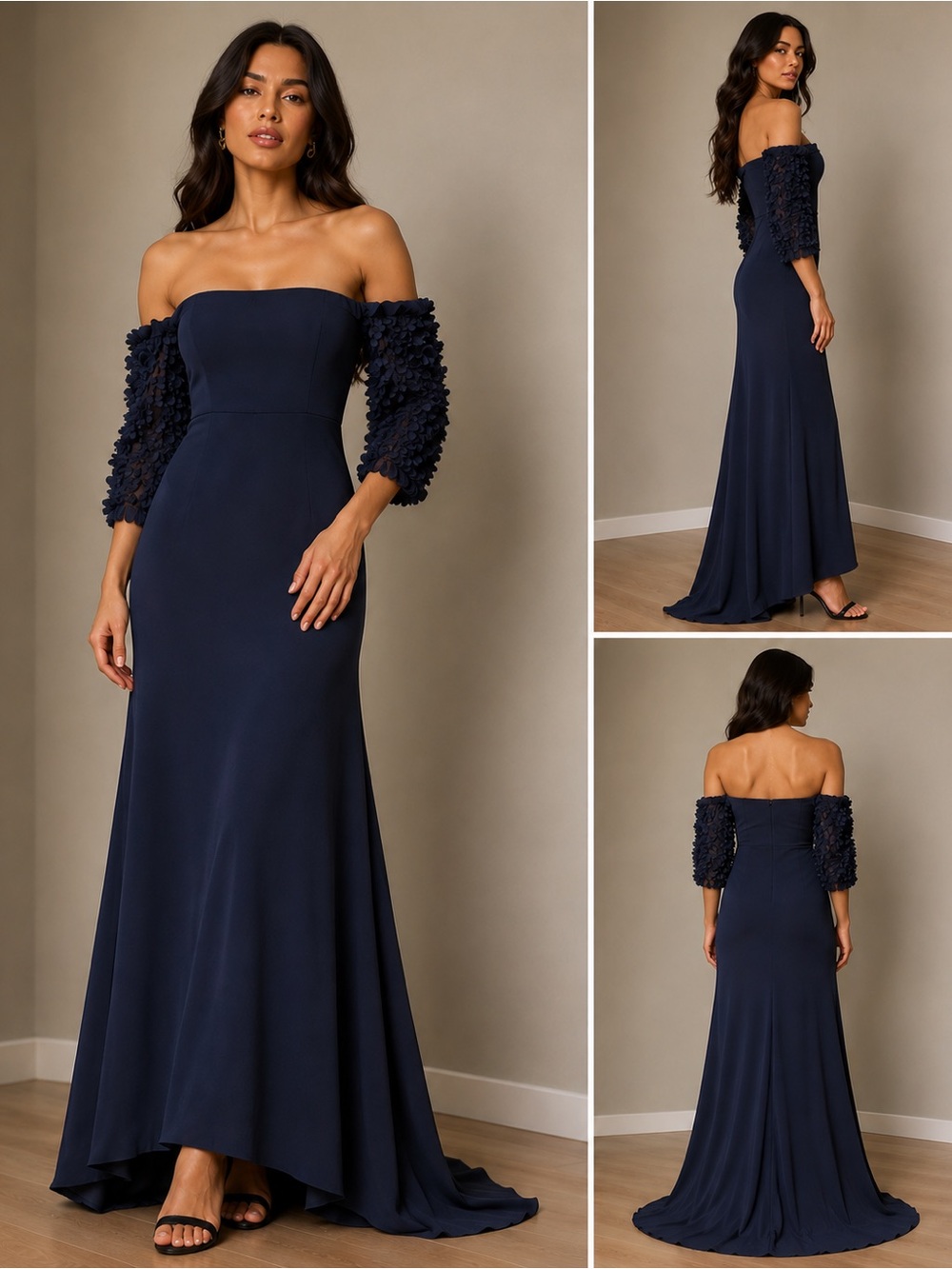 Eliza J Navy One-Shoulder Evening Gown with Textured Sleeves